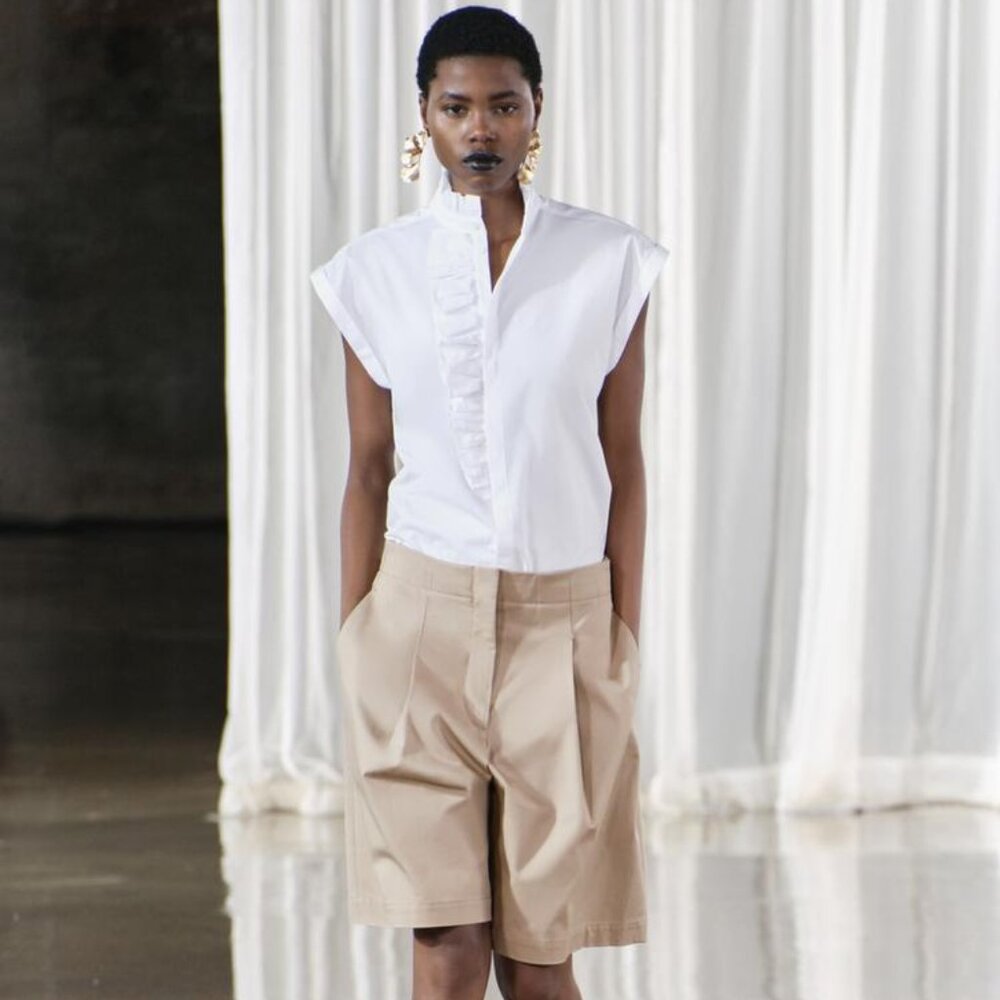 BNWT ZARA RUFFLED POPLIN SHIRT ZW COLLECTION HIGH COLLAR SHORT SLEEVES WHITE S